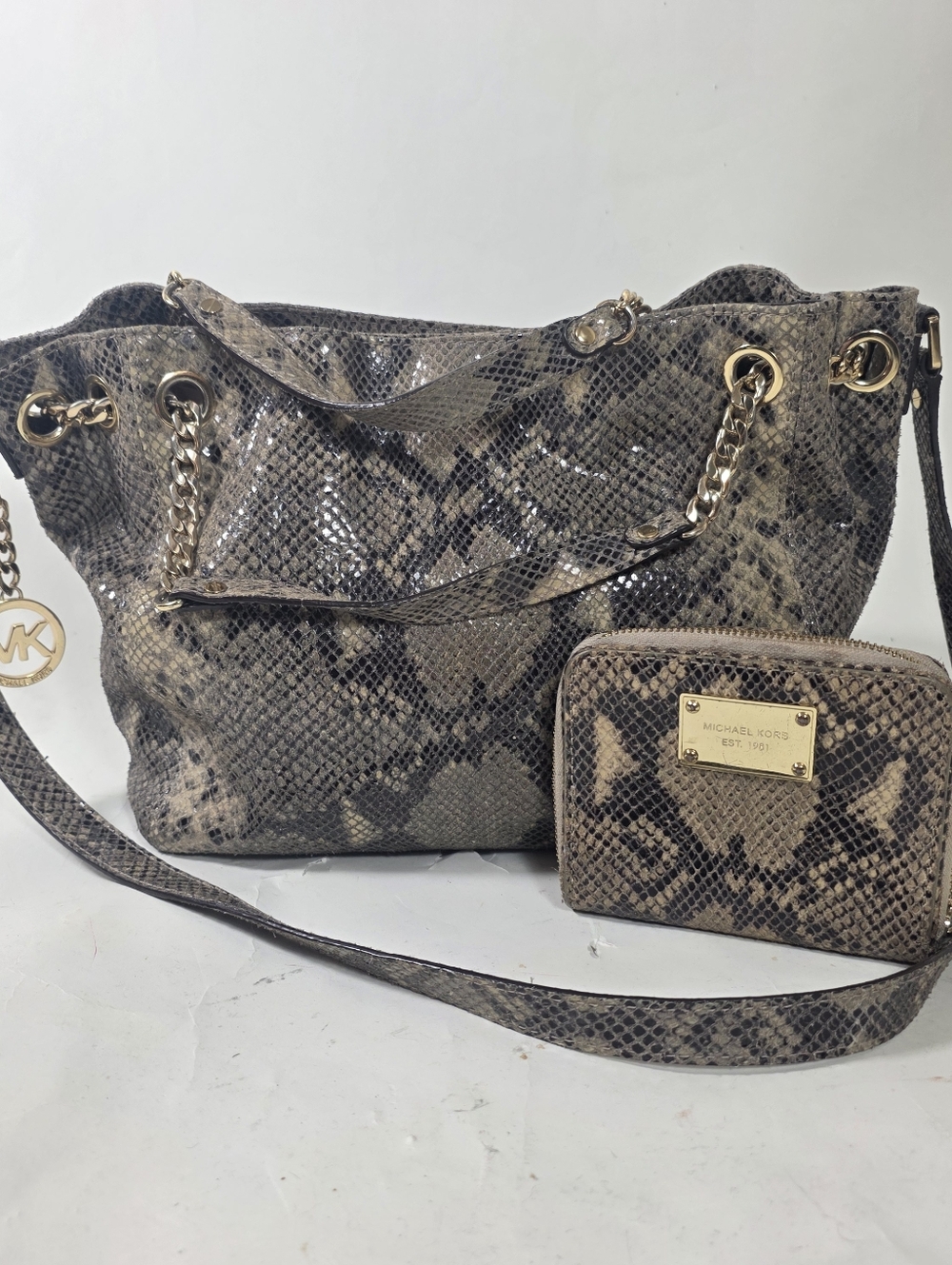Michael Kors Jet Set Chain Snakeskin Embossed Gather Shoulder Tote and Wallet